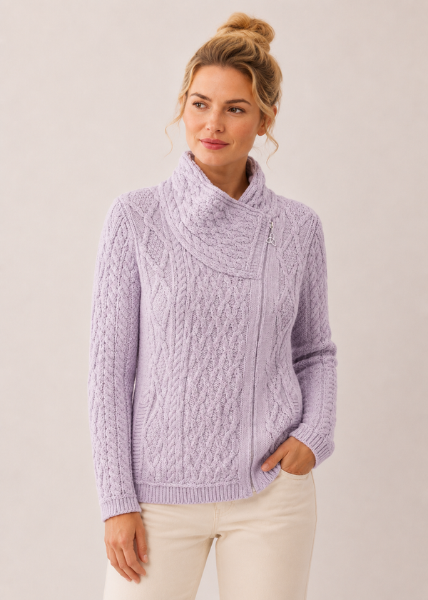Aran Crafts Women's Sky Pink Shannon Cable Knit Side Zip Merino Wool Jacket | Made in Ireland