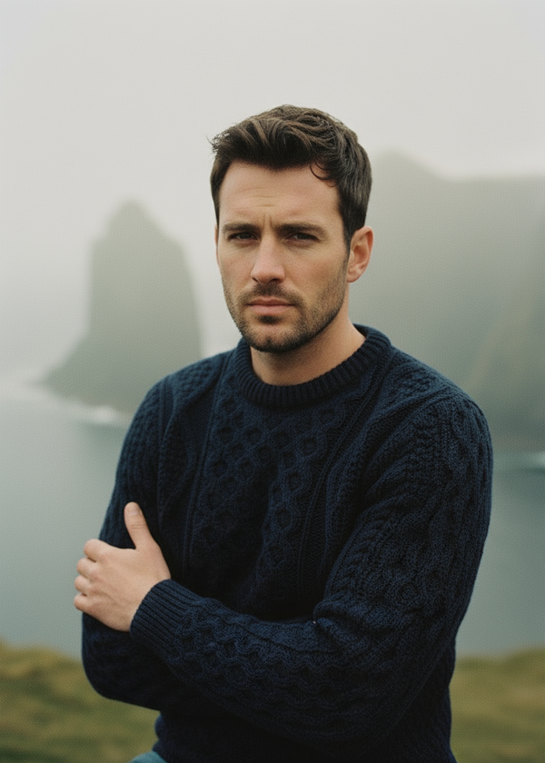 Aran Wool Sweater | Navy Green Mix