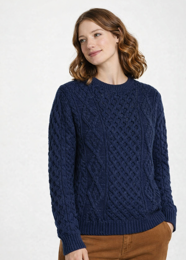 Unisex Aran Wool Sweater | Traditional Irish Knitwear | Navy & Green