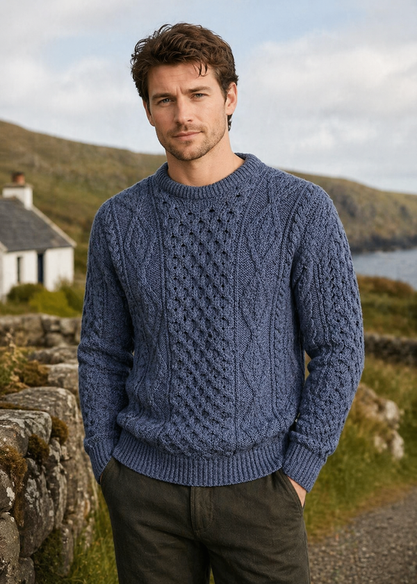 Aran Worsted Wool Sweater - Traditional Irish Cable Knit | Denim Blue