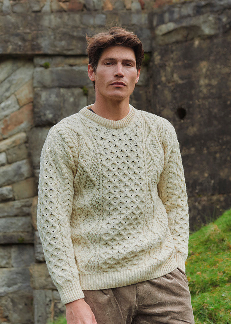 Aran Worsted Wool Sweater | Men's Traditional Irish Cable Knit | Natural