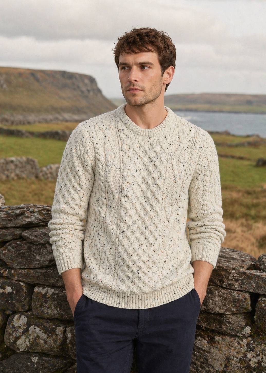 Aran Worsted Wool Sweater | Traditional Irish Knitwear | Flecked Cream