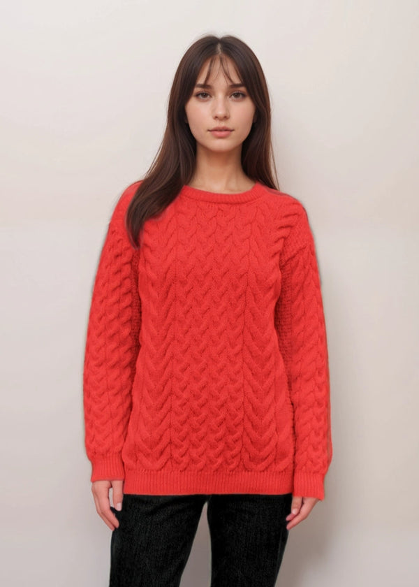 Aran Crew Neck Supersoft Sweater | Coral