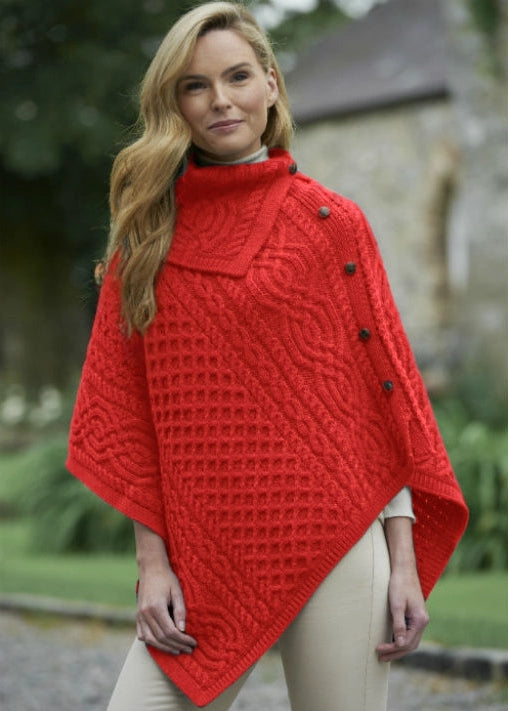 Aran Tipperary Cowl Neck Poncho | Red - Clearance