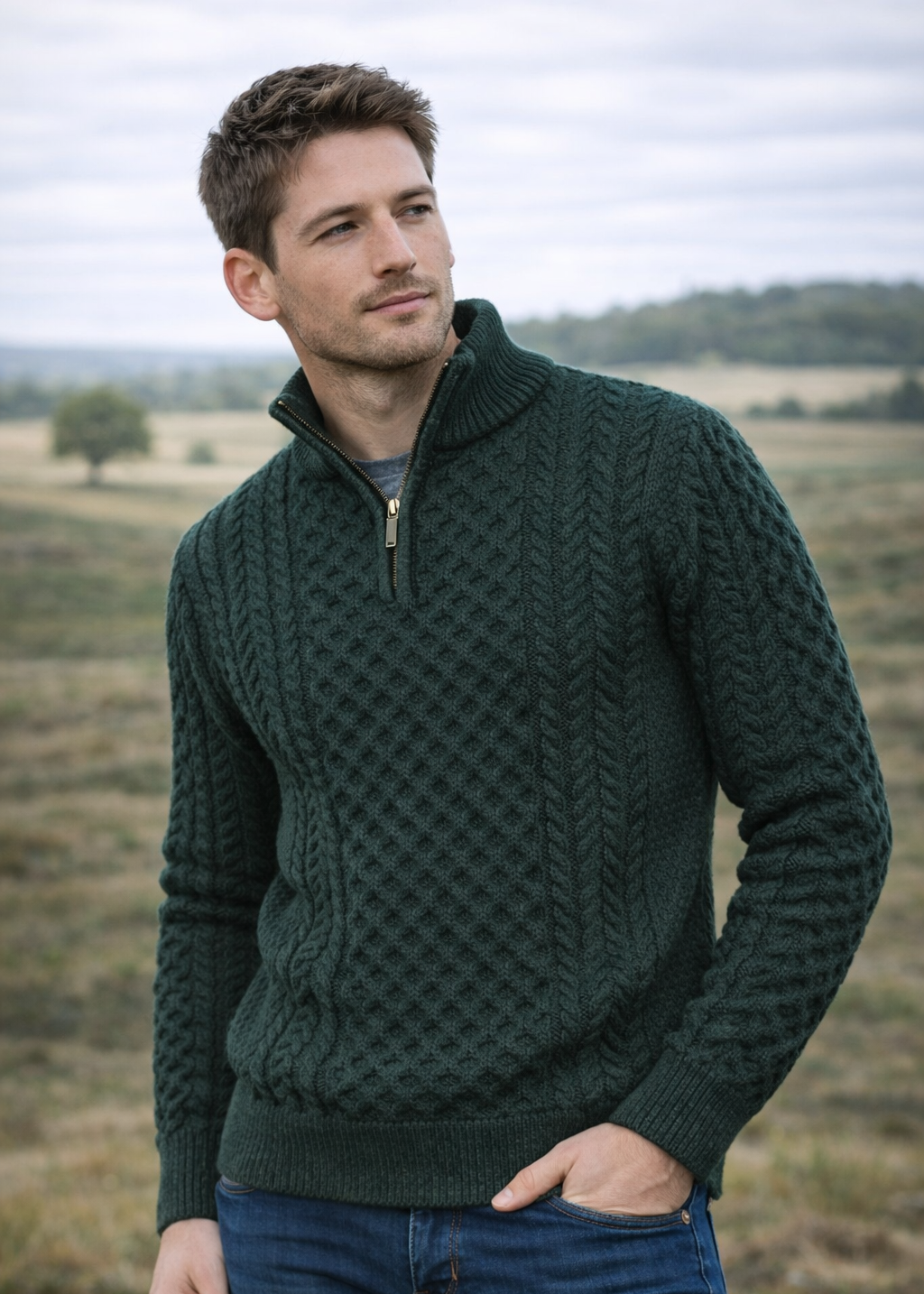 Aran Cable Knit Half Zip Sweater | 100% Merino Wool | Green