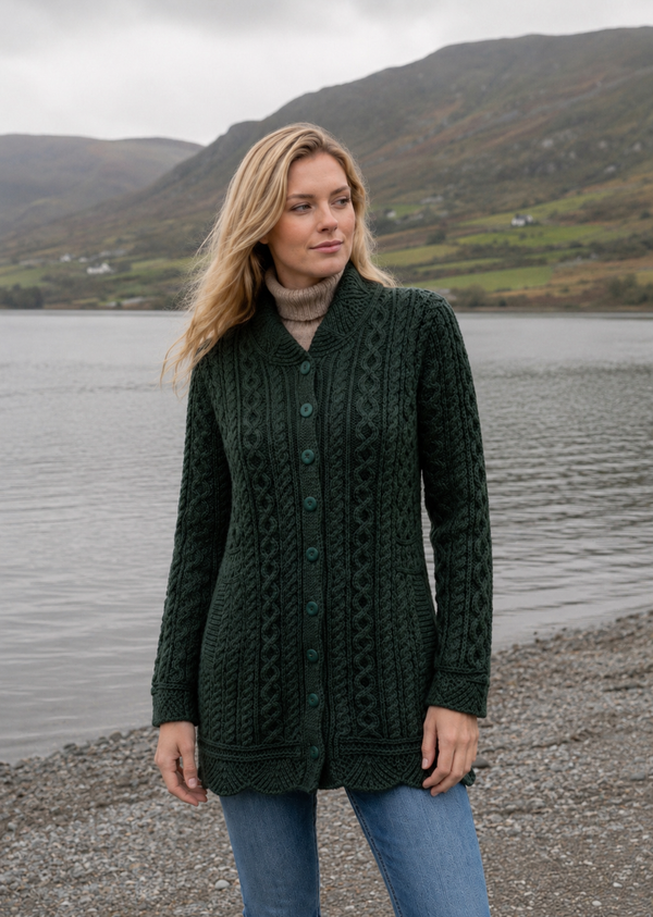 Aran Crafts Women's Army Green Plated Scallop Merino Wool Jacket | Made in Ireland