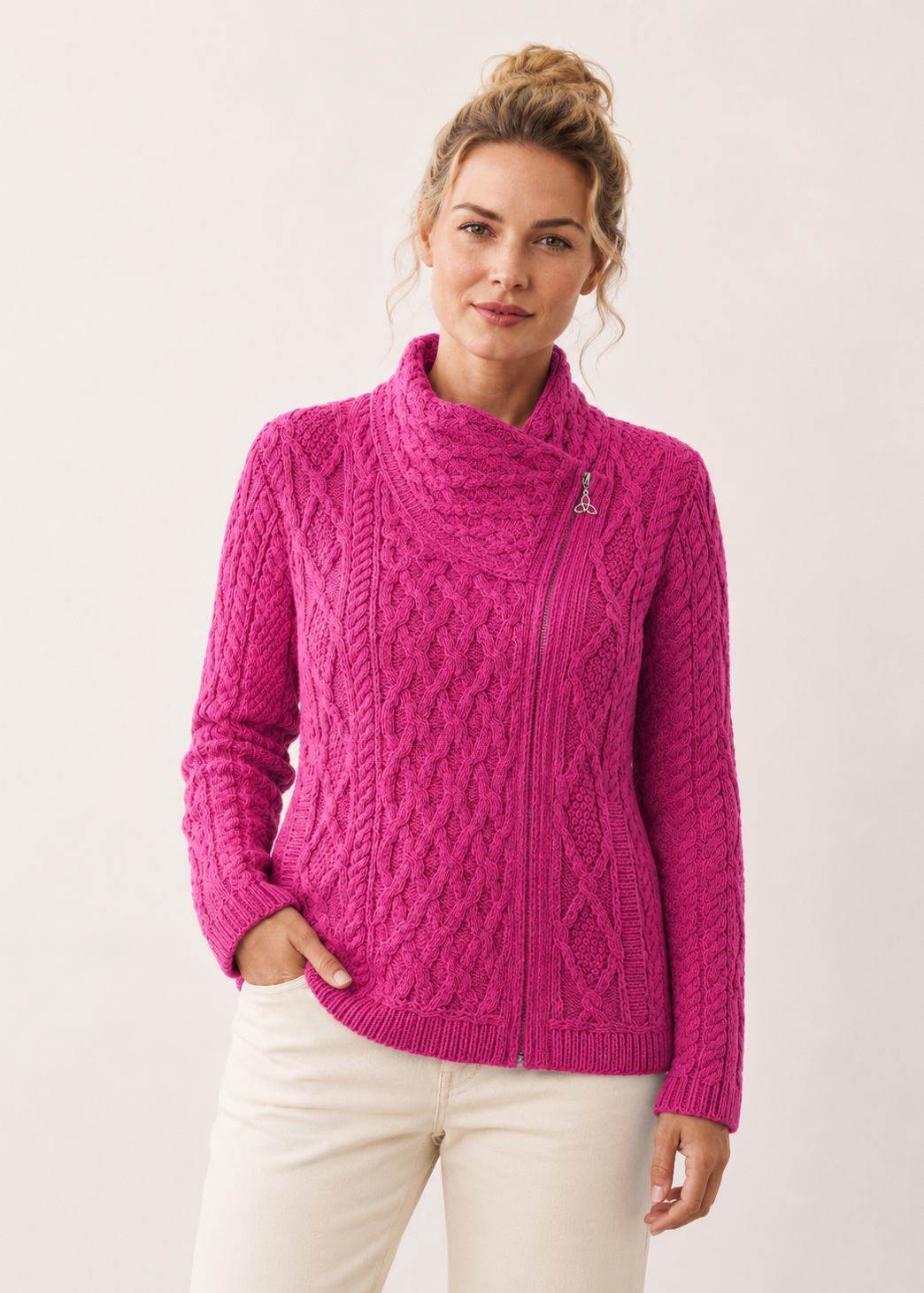 Aran Crafts Women's Fuchsia Shannon Cable Knit Side Zip Merino Wool Jacket | Made in Ireland