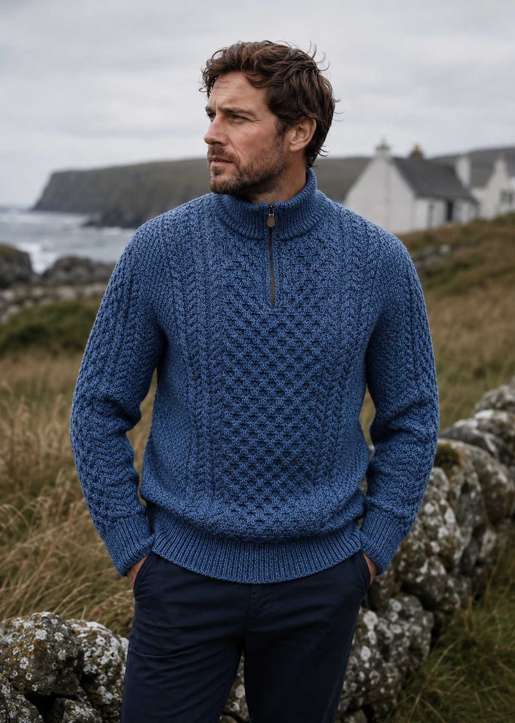 Aran Merino Wool Half Zip Sweater | Denim