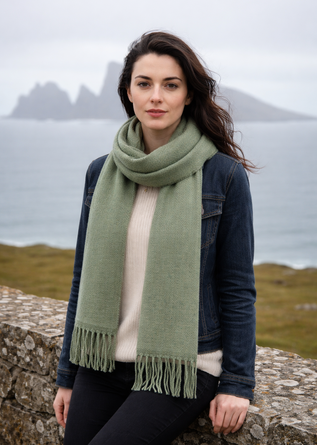 Foxford Lambswool Scarf | Green Herringbone