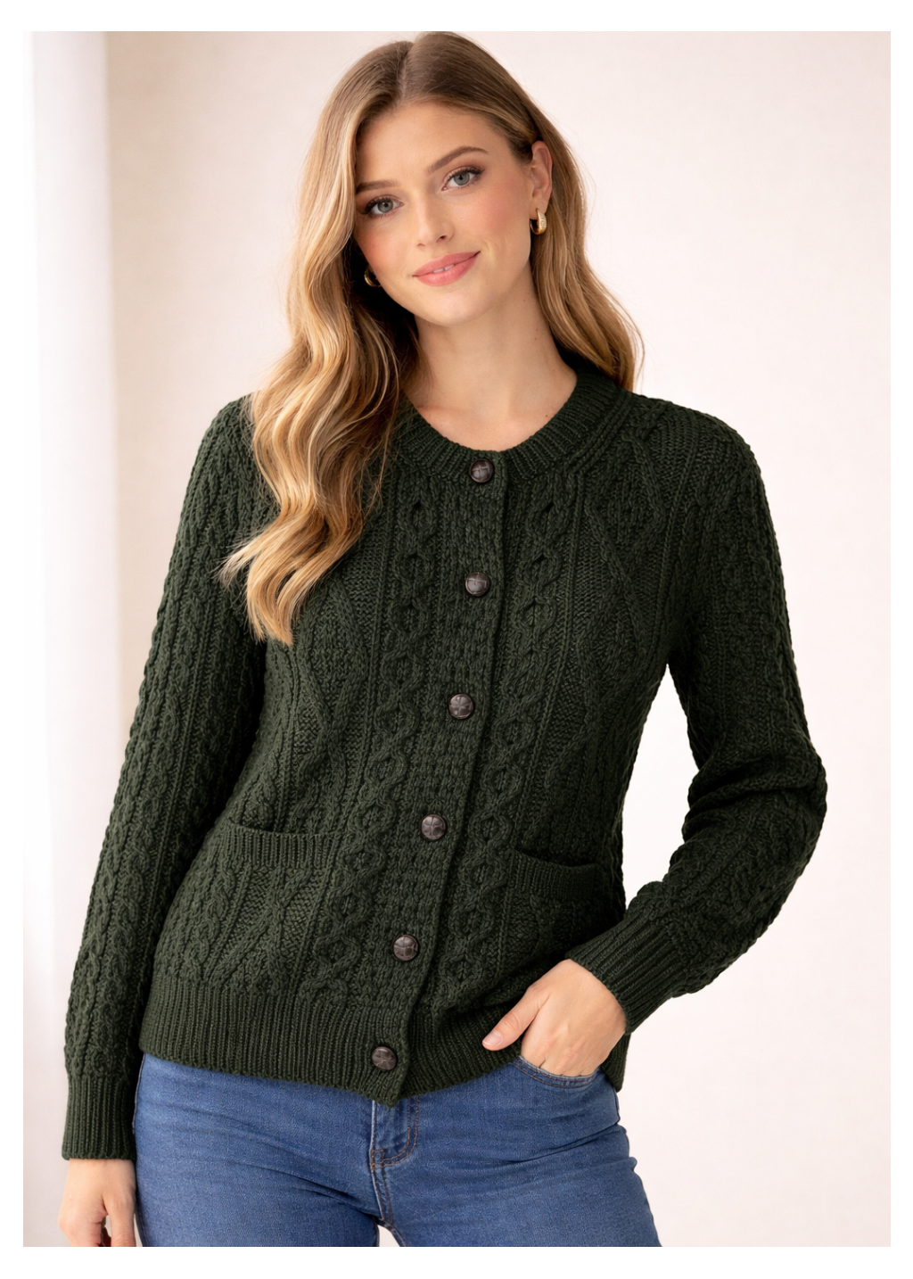 Inagh Ladies Aran Cardigan | Army Green | 100% Worsted Wool