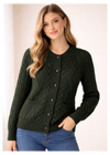 Inagh Ladies Aran Cardigan | Army Green | 100% Worsted Wool