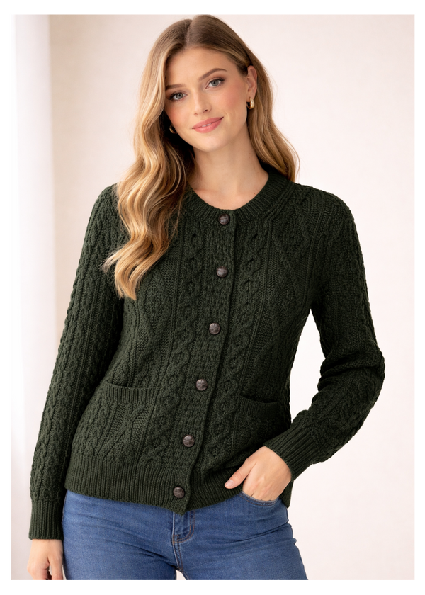 Inagh Ladies Aran Cardigan | Army Green | 100% Worsted Wool