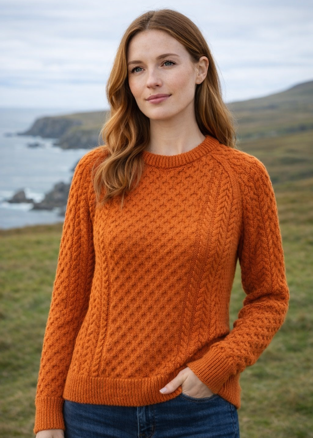 Ladies Slim-Fit Aran Sweater in Terracotta | 100% Merino Wool