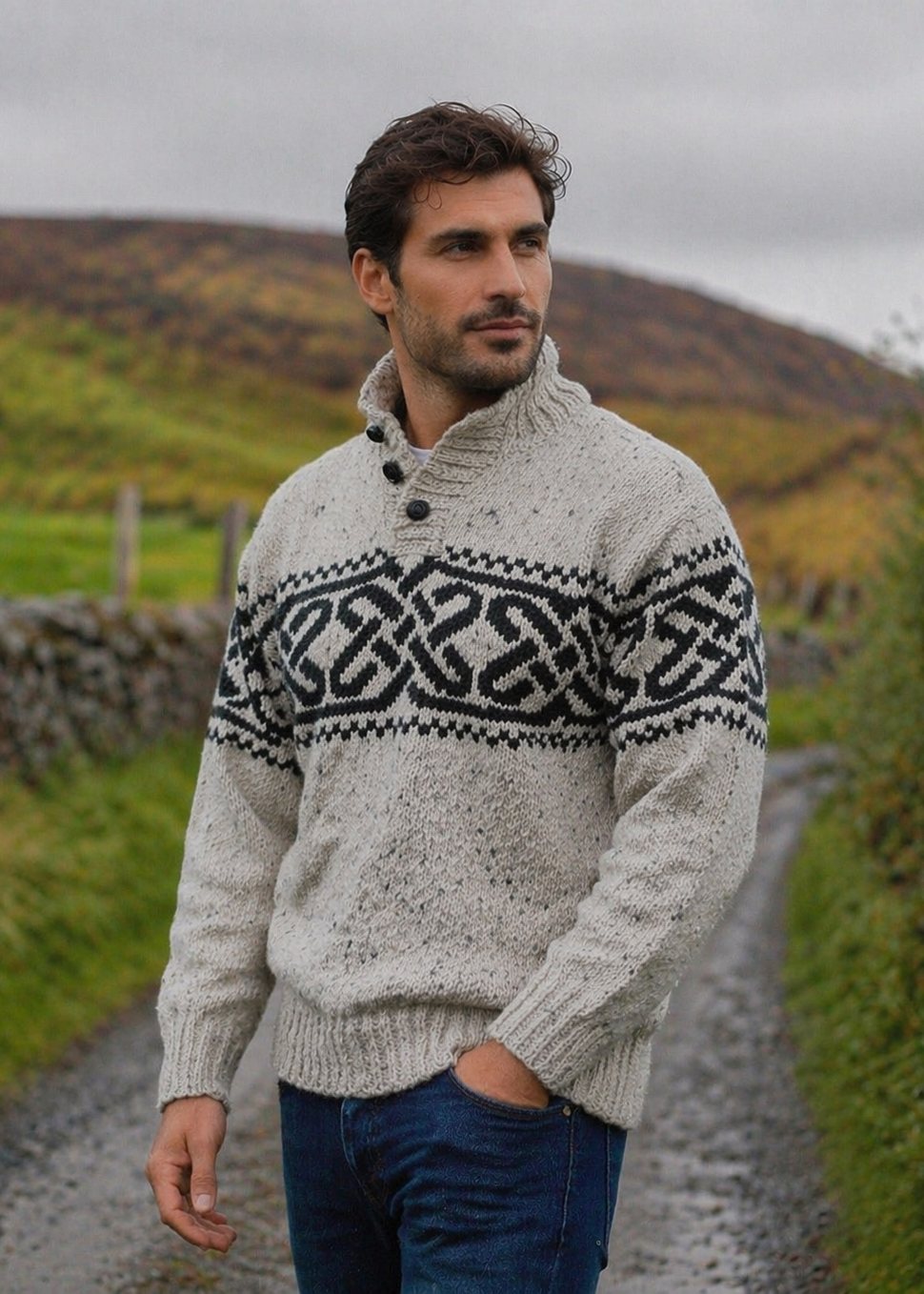 Men's Celtic Pattern Troyer Sweater | 100% Wool | Oatmeal