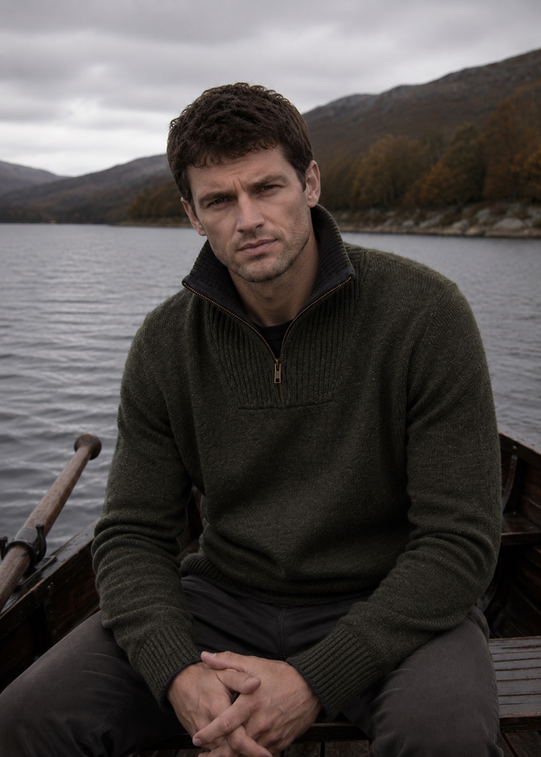 Men's Lambswool Quarter Zip Sweater - Green Marl | IrelandsEye Knitwear