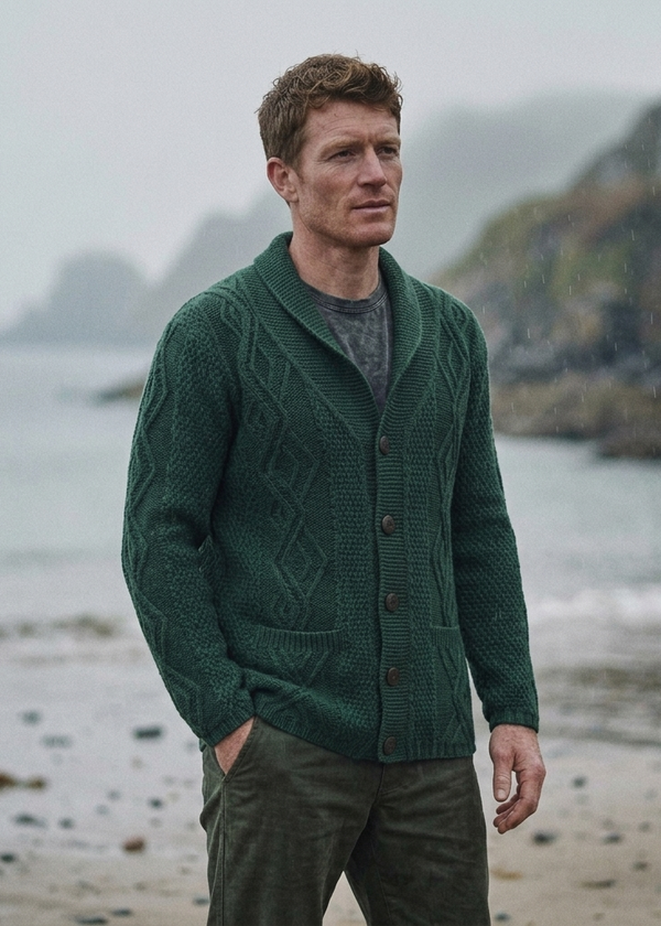 Men's Merino Wool Aran Cardigan | Green - Clearance