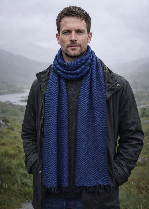 Mucros Donegal Wool Scarf | Blue Herringbone | Made in Ireland
