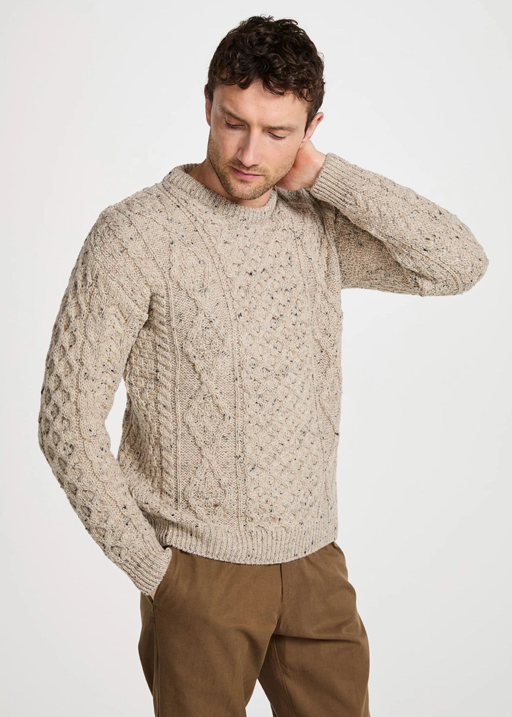 Aran Wool Sweater | Traditional Irish Cable Knit | Flecked Oatmeal