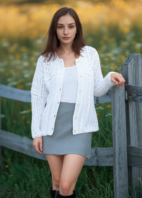 Irish Cotton Ladies Cardigan | White