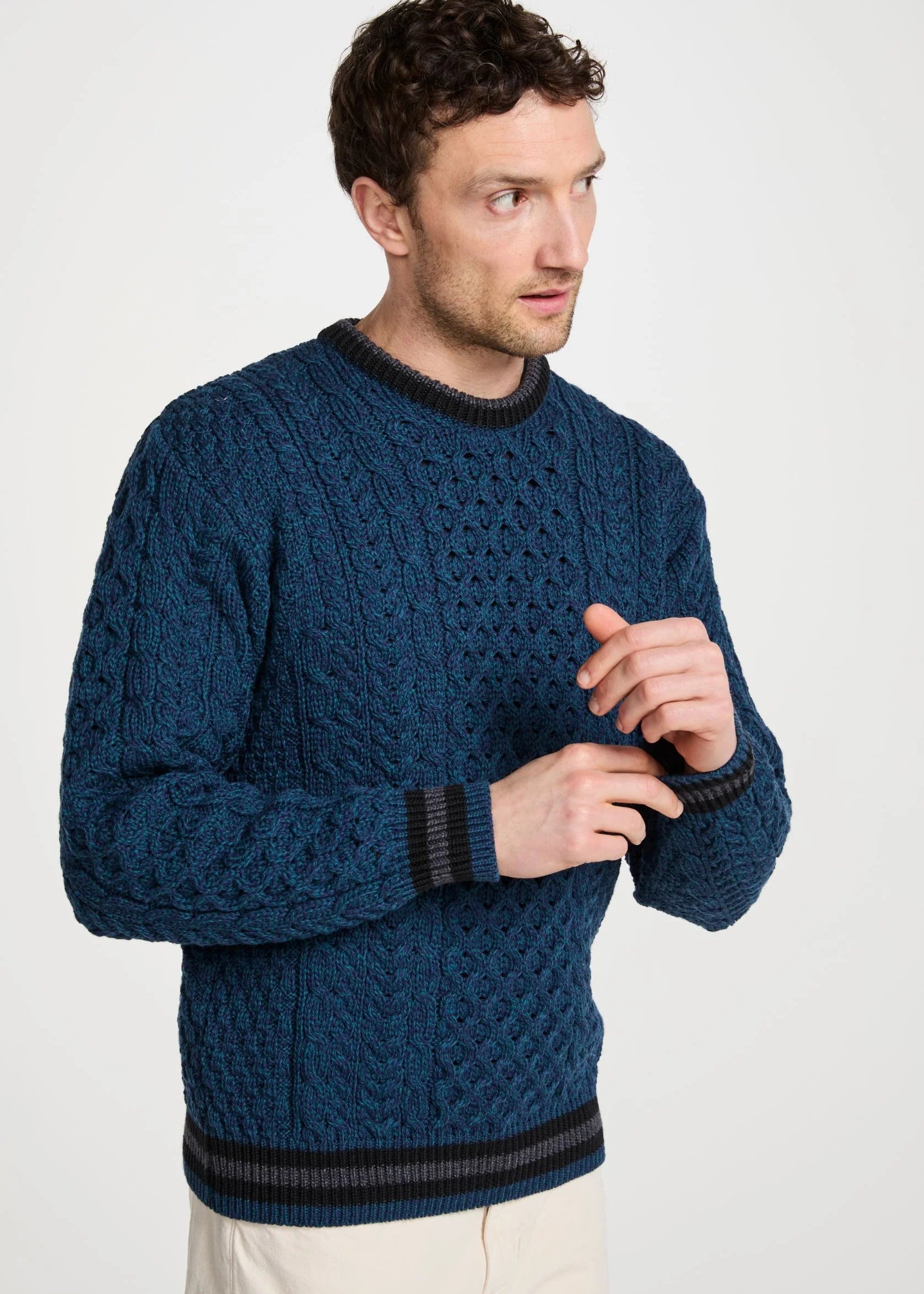Mens Stripe Crewneck Merino Aran Sweater | Teal