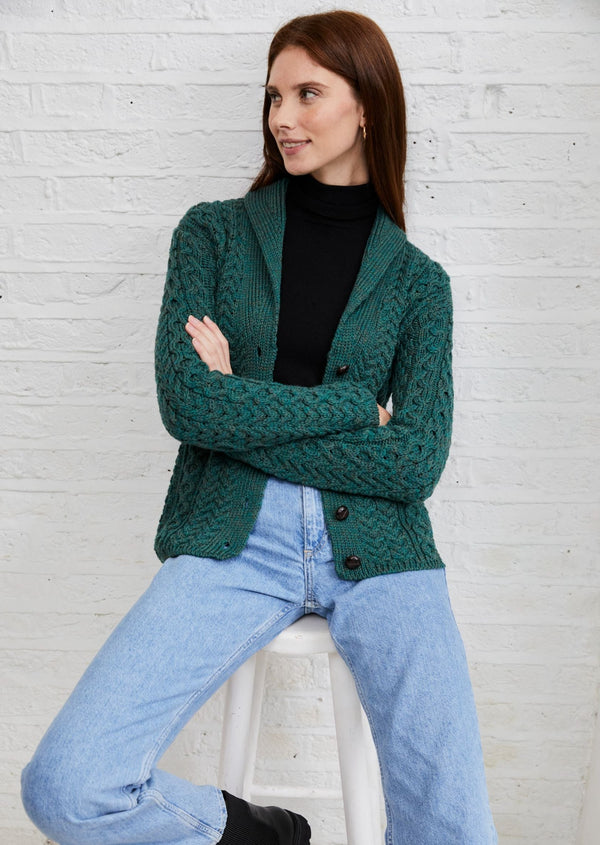 Shawl Collar Aran Cardigan - Green