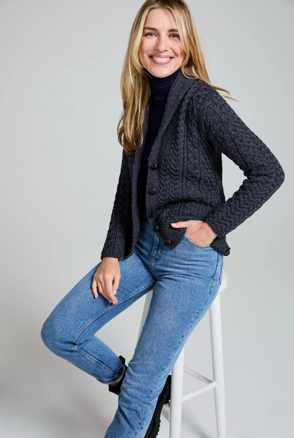 Shawl Collar Aran Cardigan | Charcoal