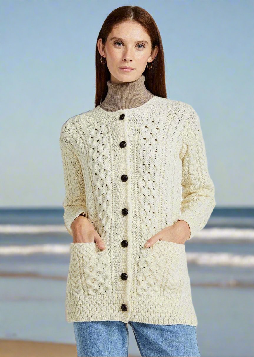 Basket Weave Aran Cardigan - Natural
