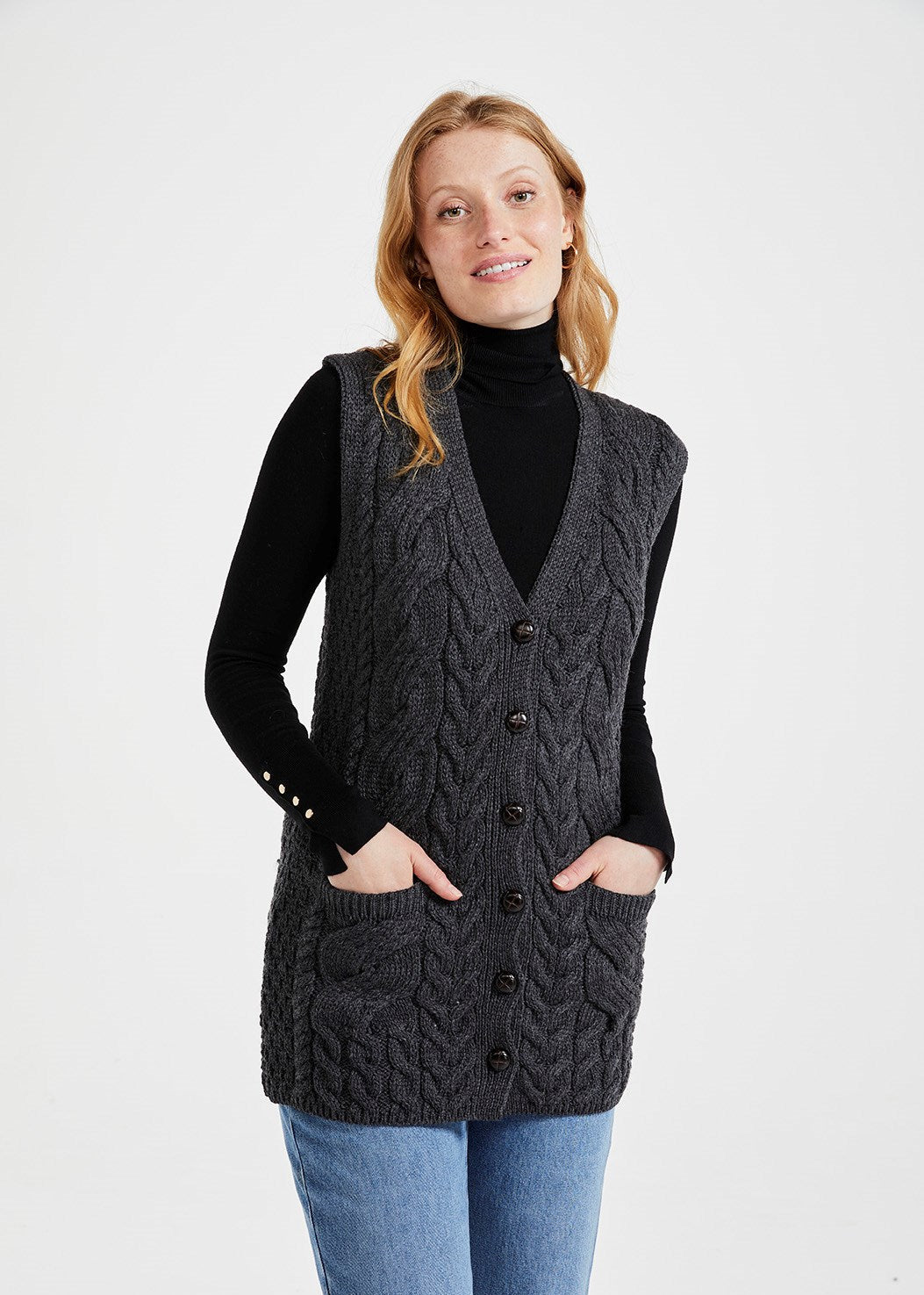 Aran Supersoft Merino Cardigan Gilet | Charcoal