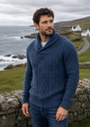 Men's Aran Shawl Neck Sweater | 100% Merino Wool | Denim Marl