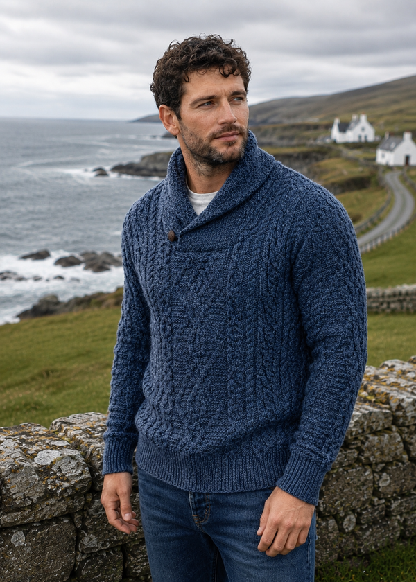 Men's Aran Shawl Neck Sweater | 100% Merino Wool | Denim Marl