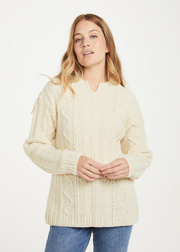 Relaxed Fit V Neck Ladies Aran Sweater | Natural