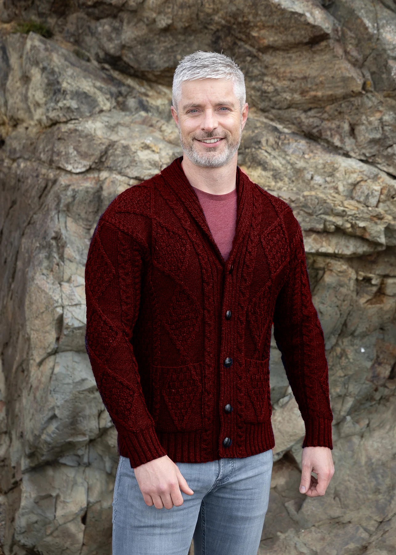 Men's Shawl Button Cardigan | Wine