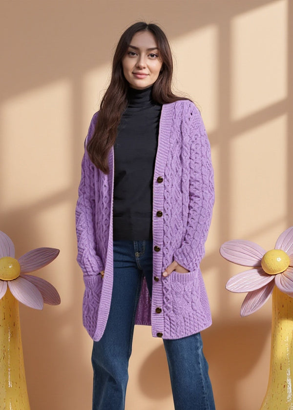 Glebe Aran Long Line Cardigan | Lavender