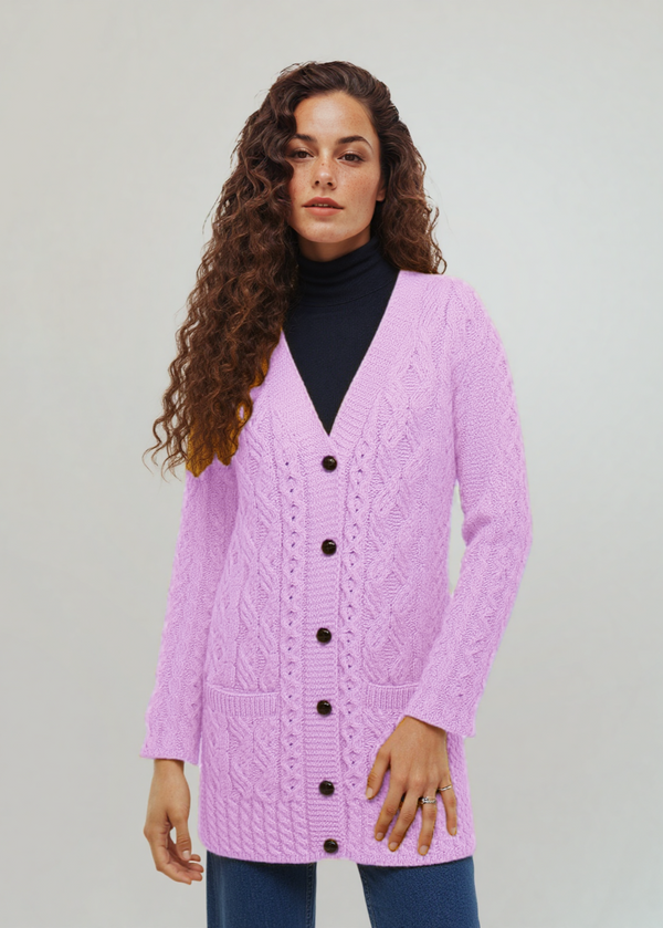Glebe Aran Long Line Cardigan | Lavender