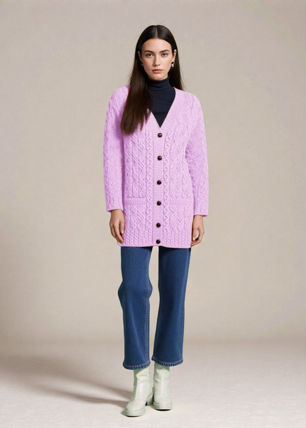 Glebe Aran Long Line Cardigan | Lavender