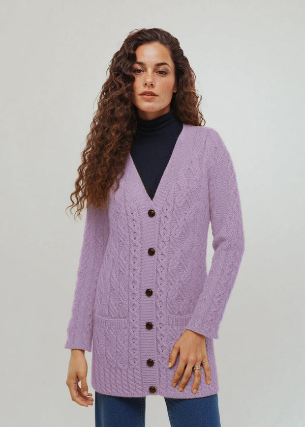 Glebe Aran Long Line Cardigan | Lavender 