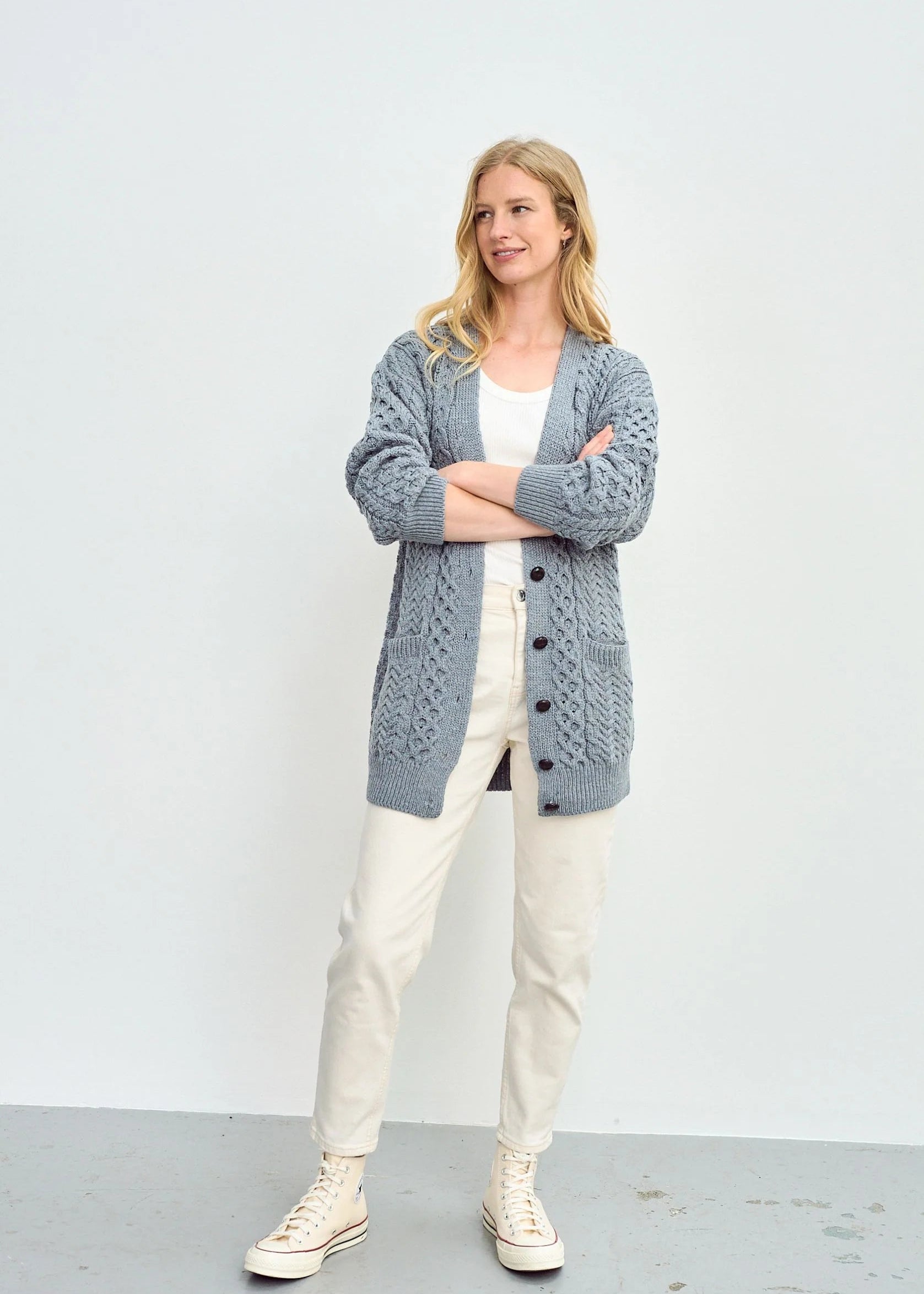 Delphi Aran Boyfriend Cardigan | Blue Grey