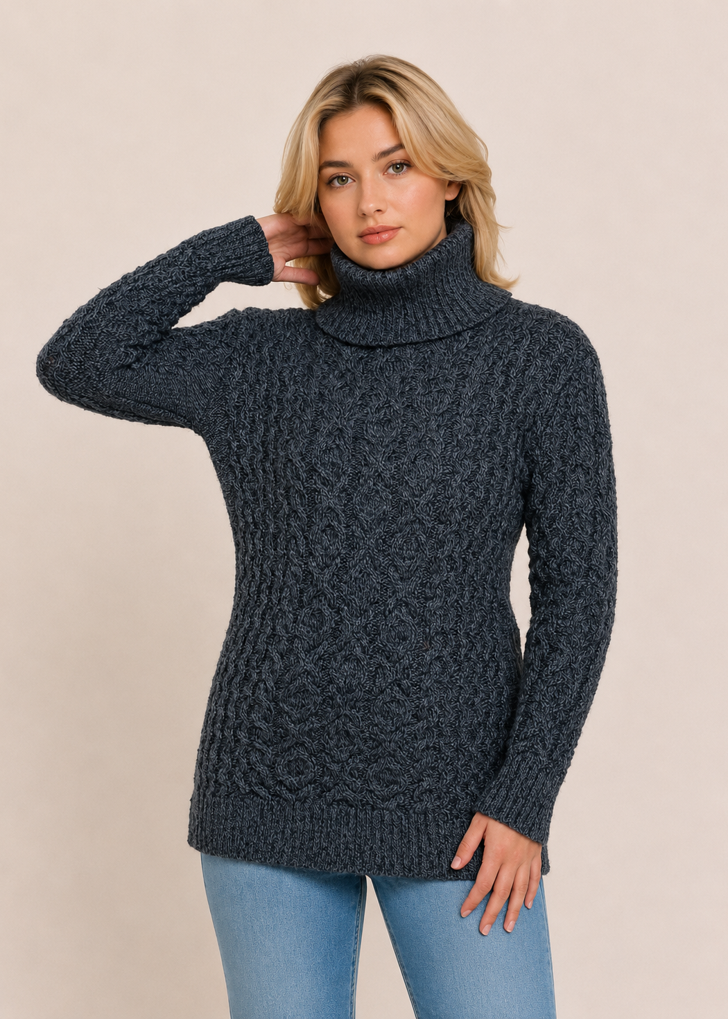 Merino Wool Polo Neck Aran Sweater | Slate