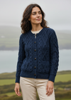 Women's Aran Cardigan Navy Green Mix | Authentic Irish Cable Knit