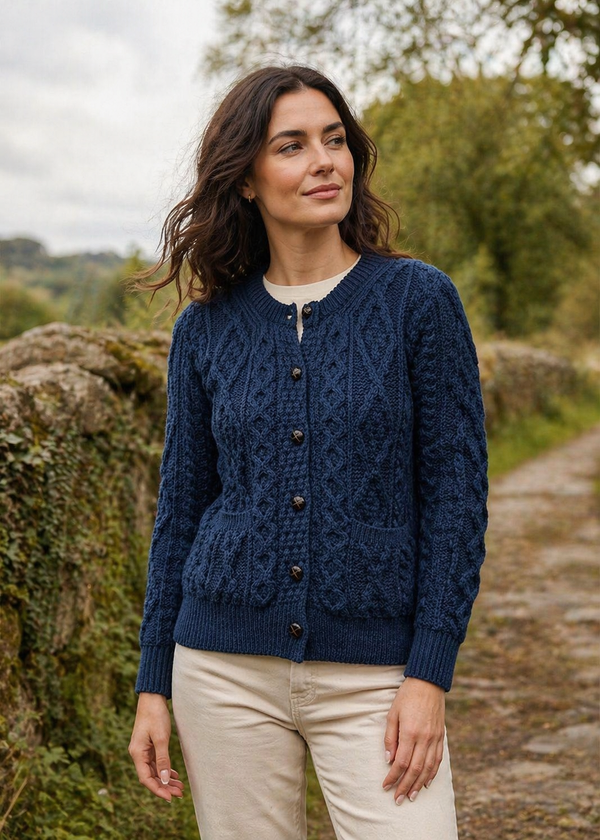 Women's Aran Cardigan Navy Green Mix | Authentic Irish Cable Knit