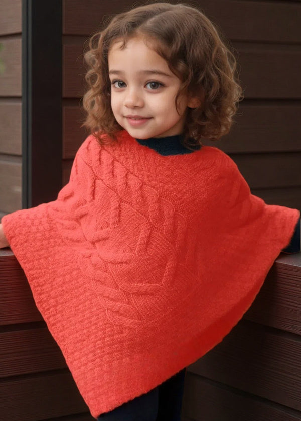 Kid's Aran Merino Poncho | Coral - Clearance