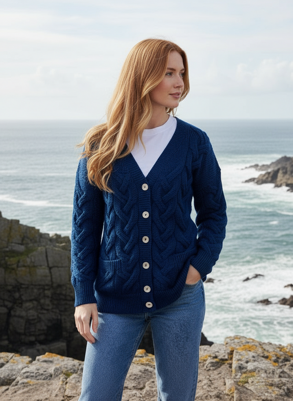 Downpatrick Ladies Aran Cardigan | Blue - Clearance