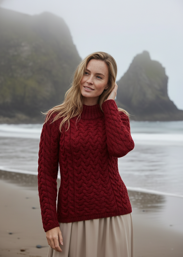 Aran Crew Neck Sweater | Red