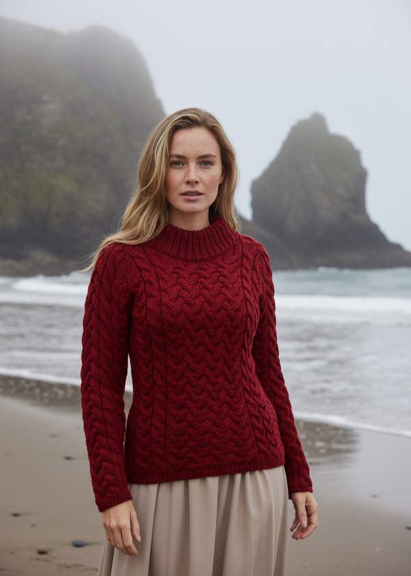 Aran Crew Neck Sweater | Red