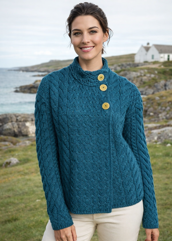Aran 3 Buttons Trellis Cardigan | Irish Sea