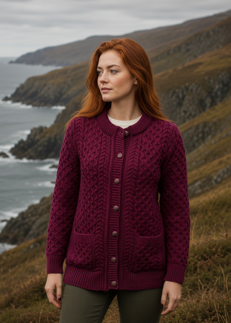 Aran Merino Wool Lumber Cardigan | Raspberry Marl