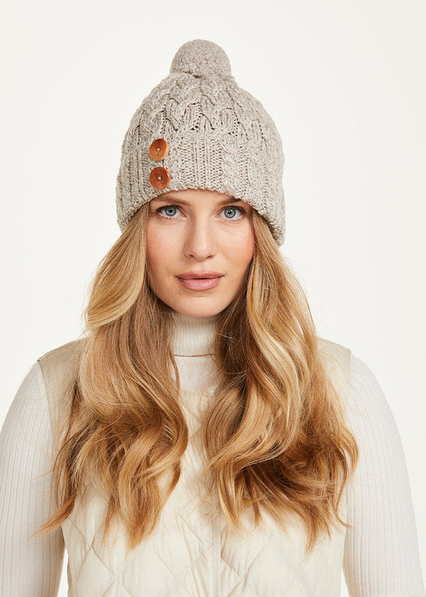 Aran Supersoft Merino Button Hat | Oat