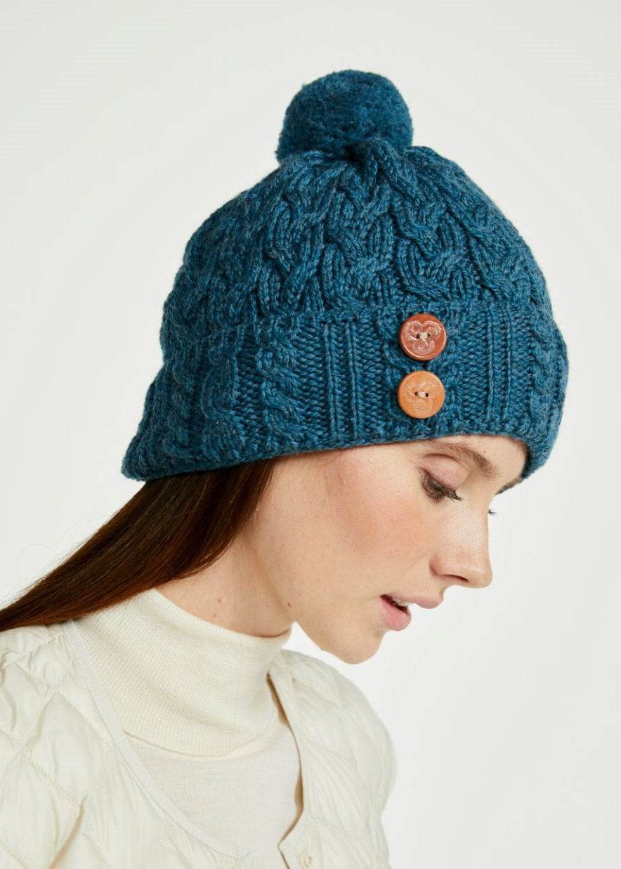 Aran Supersoft Merino Button Hat | Irish Sea