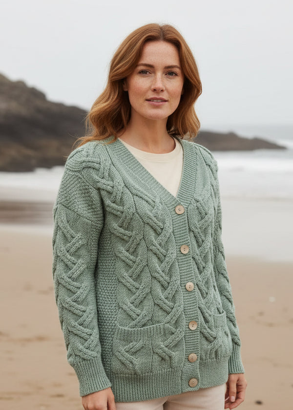 Downpatrick Ladies Aran Cardigan | Mint Green