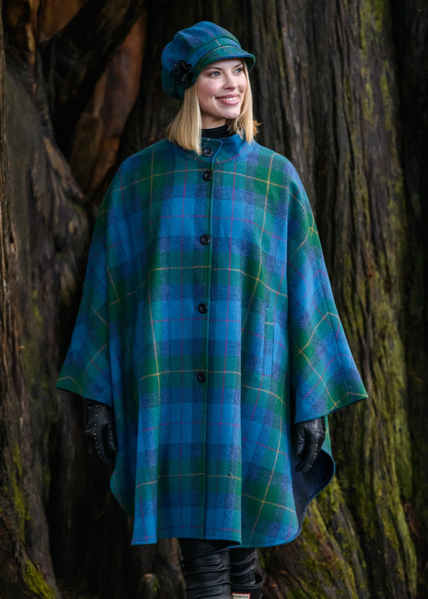 Mucros Dunloe Cape | Premium Wool Tweed | Green Blue Check